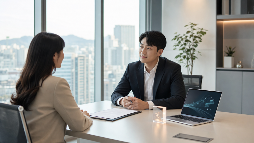 서울 오피스에서 한국인 전문가들이 고용 계약과 AI 계산 자원을 논의하는 장면