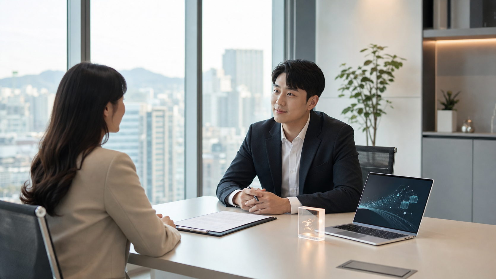 서울 오피스에서 한국인 전문가들이 고용 계약과 AI 계산 자원을 논의하는 장면