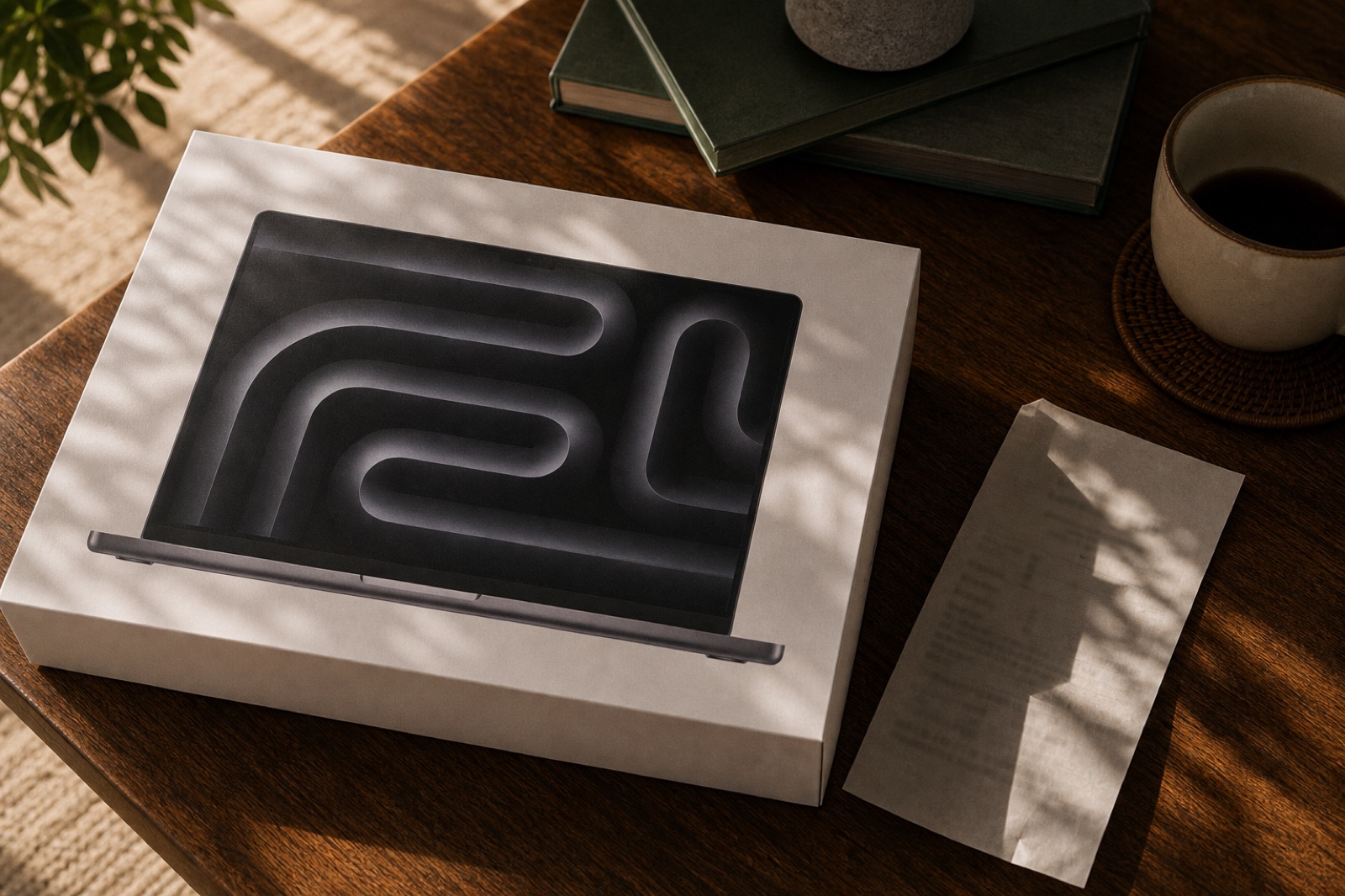 Unopened MacBook Pro box on a sunlit wooden table with coffee and paper